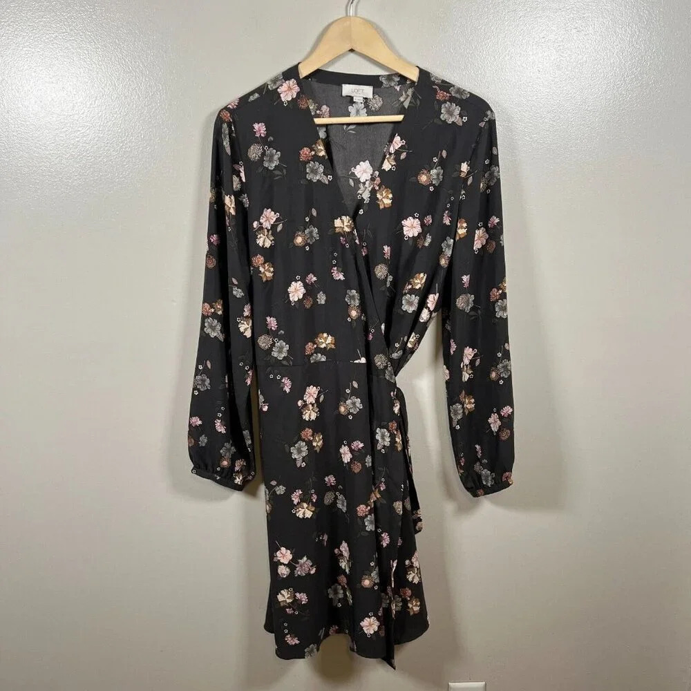Loft Wrap Dress Size 16 Gray Floral Knee Length Work Office Interview Church